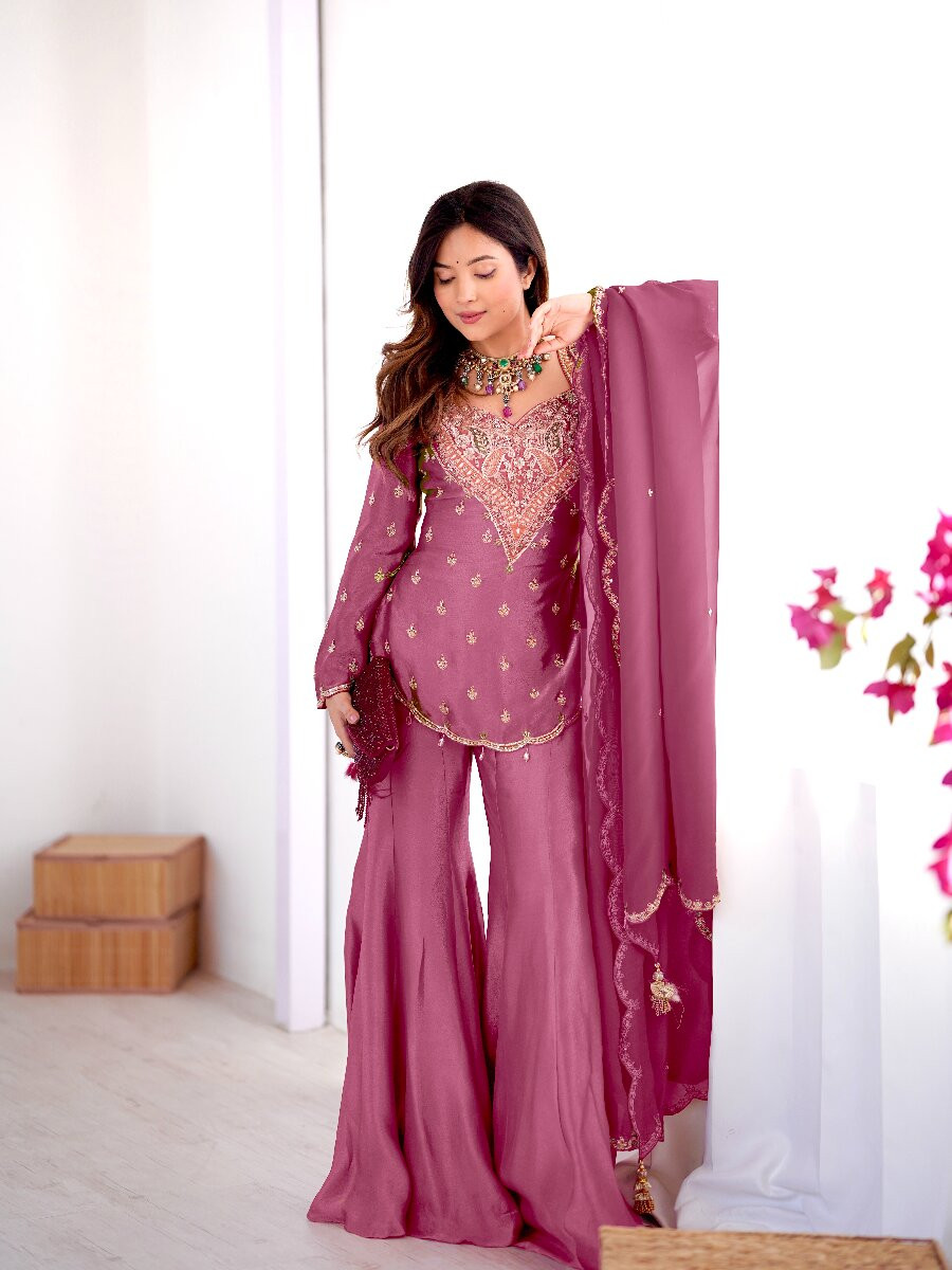 Pink Heavy Simar Silk Embroidery Sequins Zari Wedding Party Festival Ready Sharara Pant Salwar Kameez