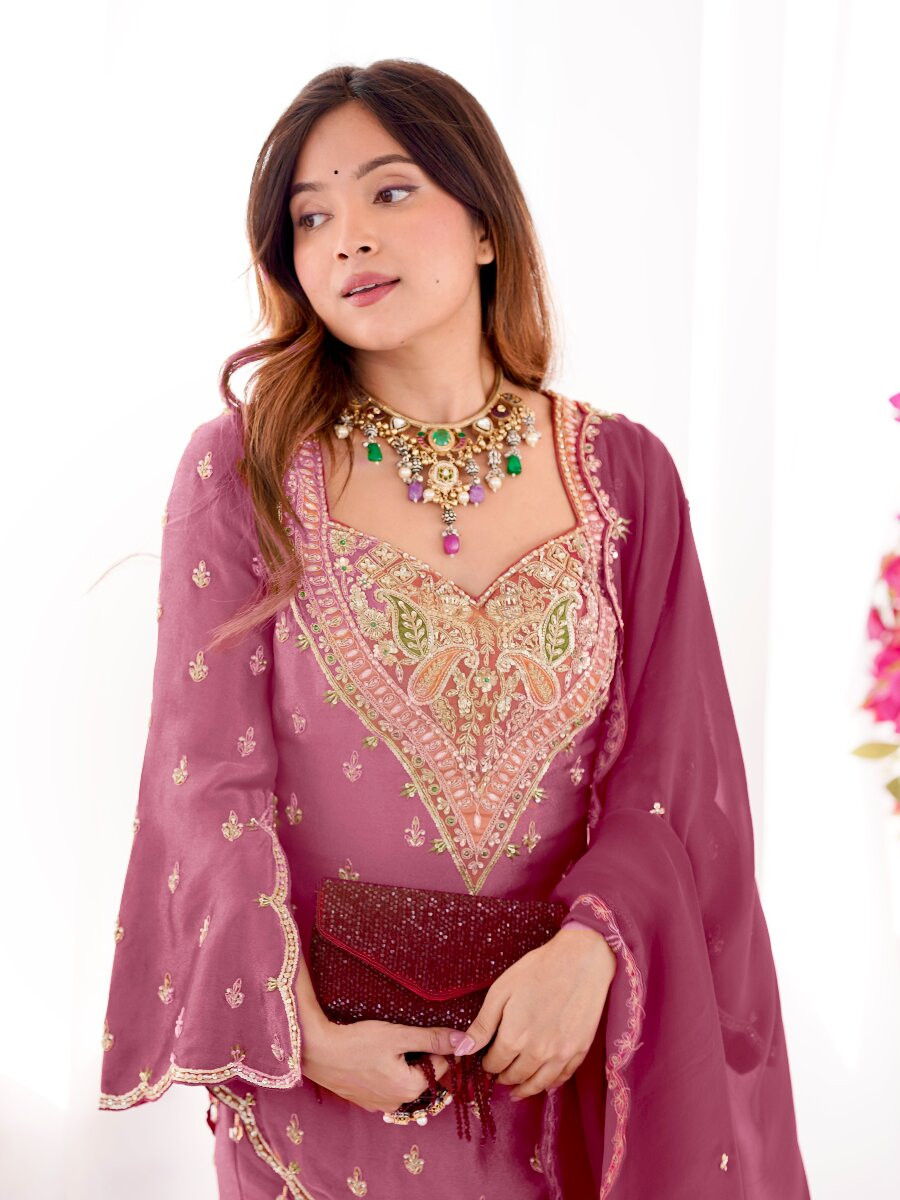 Pink Heavy Simar Silk Embroidery Sequins Zari Wedding Party Festival Ready Sharara Pant Salwar Kameez