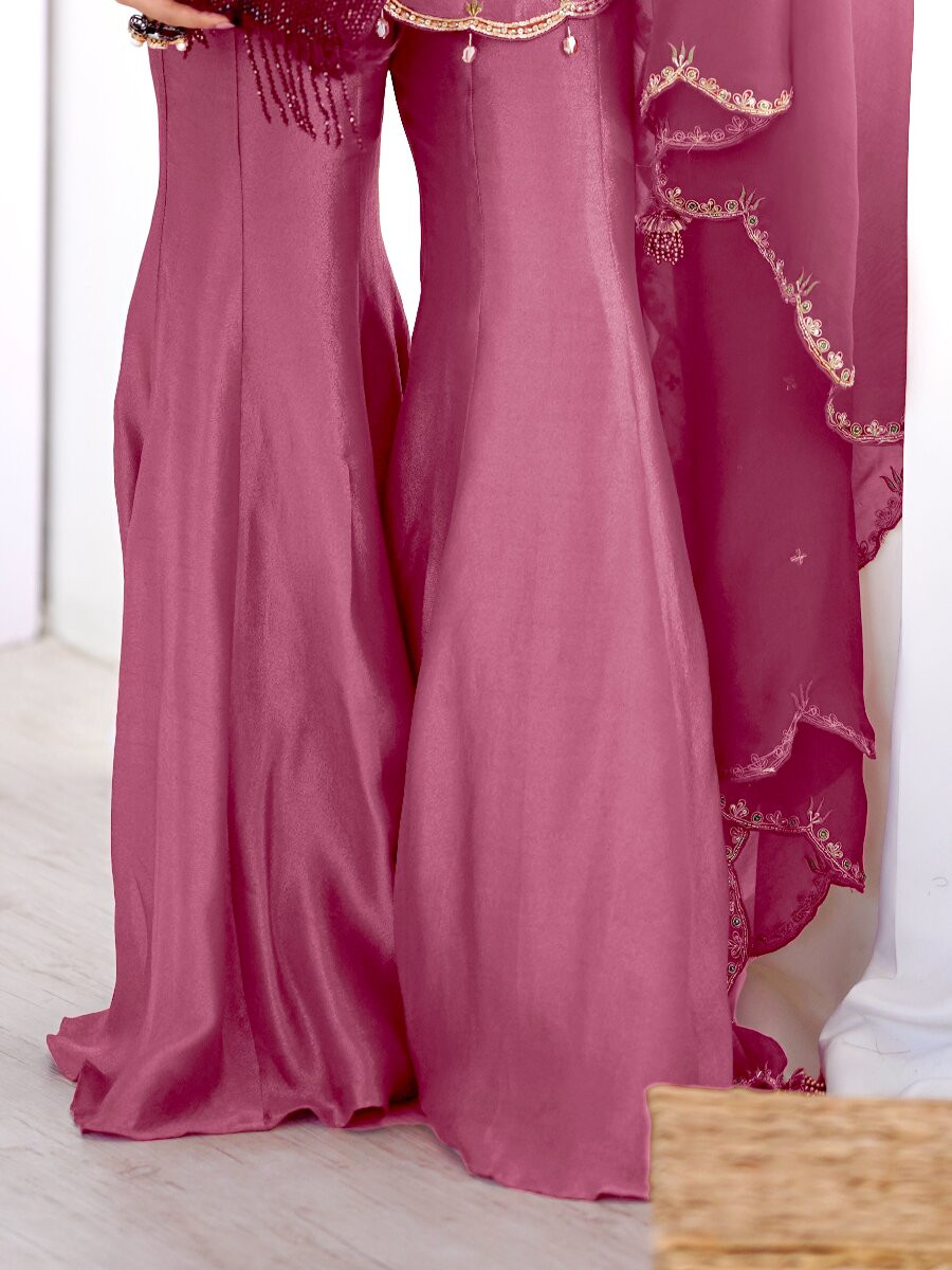 Pink Heavy Simar Silk Embroidery Sequins Zari Wedding Party Festival Ready Sharara Pant Salwar Kameez