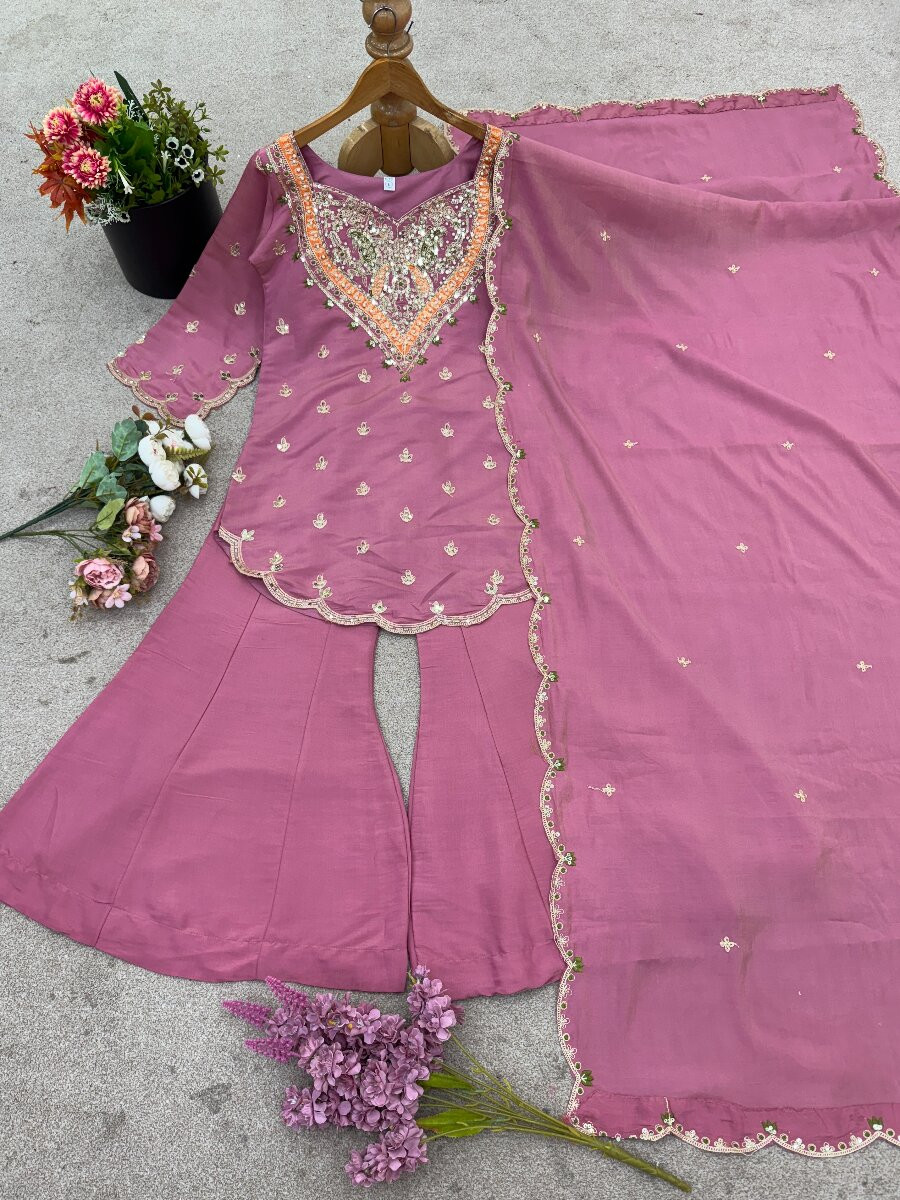Pink Heavy Simar Silk Embroidery Sequins Zari Wedding Party Festival Ready Sharara Pant Salwar Kameez