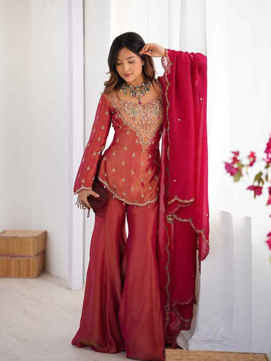 Pink Heavy Simar Silk Plain with Embroidery Party Wedding Festival Casual Ready Palazzo Pant Salwar Kameez