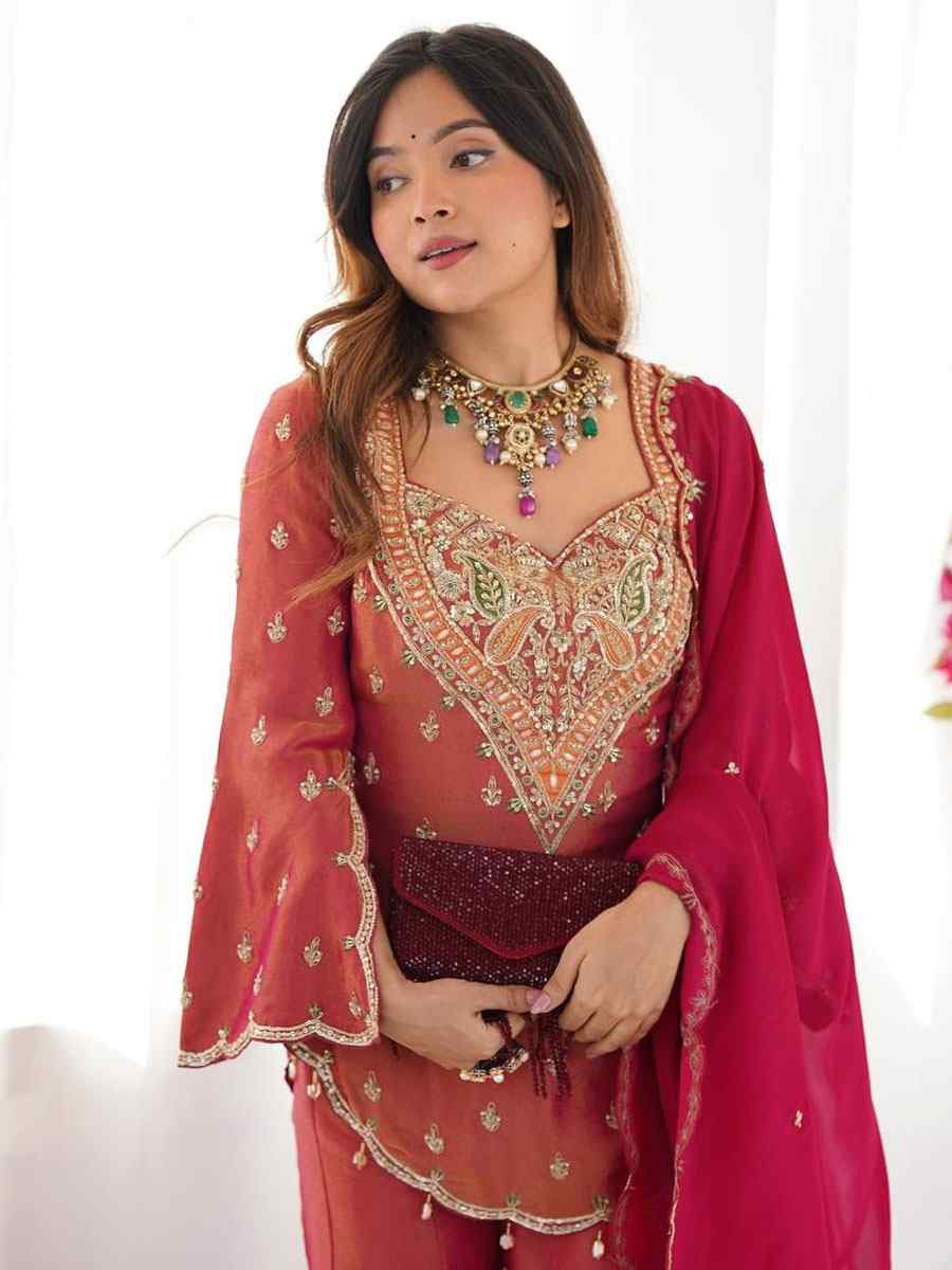 Pink Heavy Simar Silk Plain with Embroidery Party Wedding Festival Casual Ready Palazzo Pant Salwar Kameez