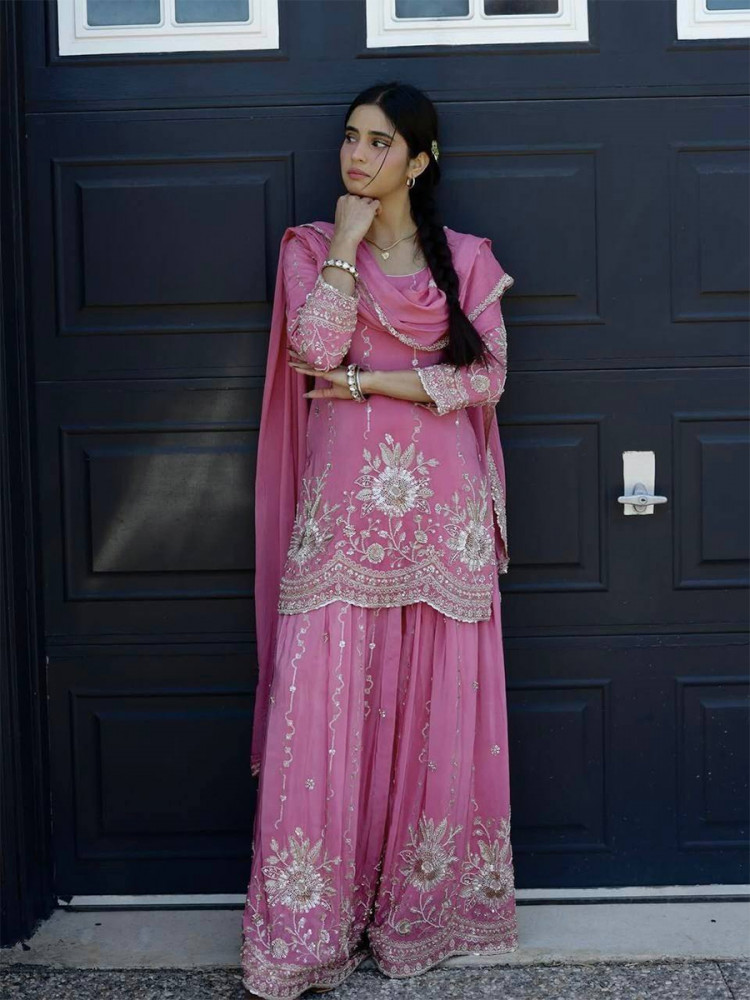 Image of Pink Heavy Star Georgette Silk Embroidery Sequins Wedding Party Festival Casual Ready Palazzo Pant Salwar Kameez