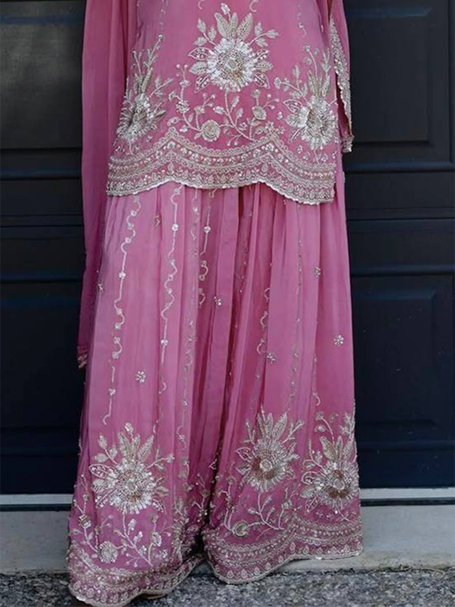 Pink Heavy Star Georgette Silk Embroidery Sequins Wedding Party Festival Casual Ready Palazzo Pant Salwar Kameez