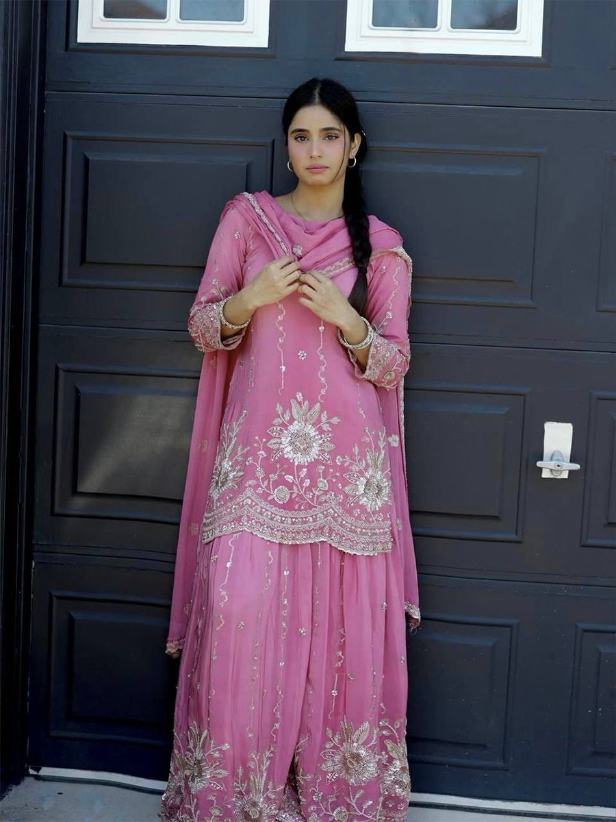 Pink Heavy Star Georgette Silk Embroidery Sequins Wedding Party Festival Casual Ready Palazzo Pant Salwar Kameez