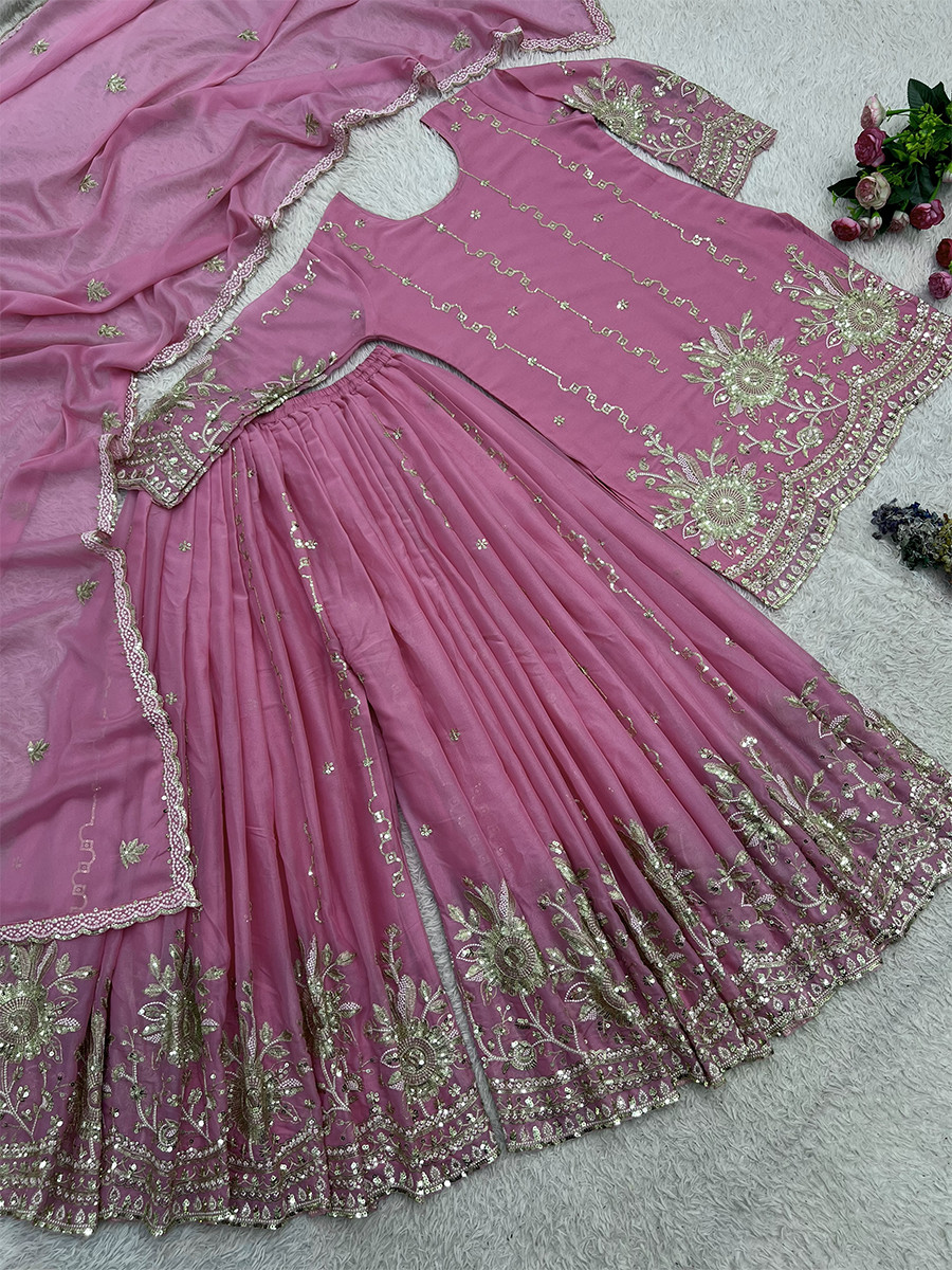 Pink Heavy Star Georgette Silk Embroidery Sequins Wedding Party Festival Casual Ready Palazzo Pant Salwar Kameez