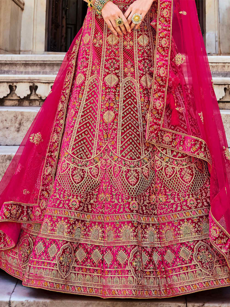 Pink Heavy Velvet Embroidered Bridal Wedding Heavy Border Lehenga Choli