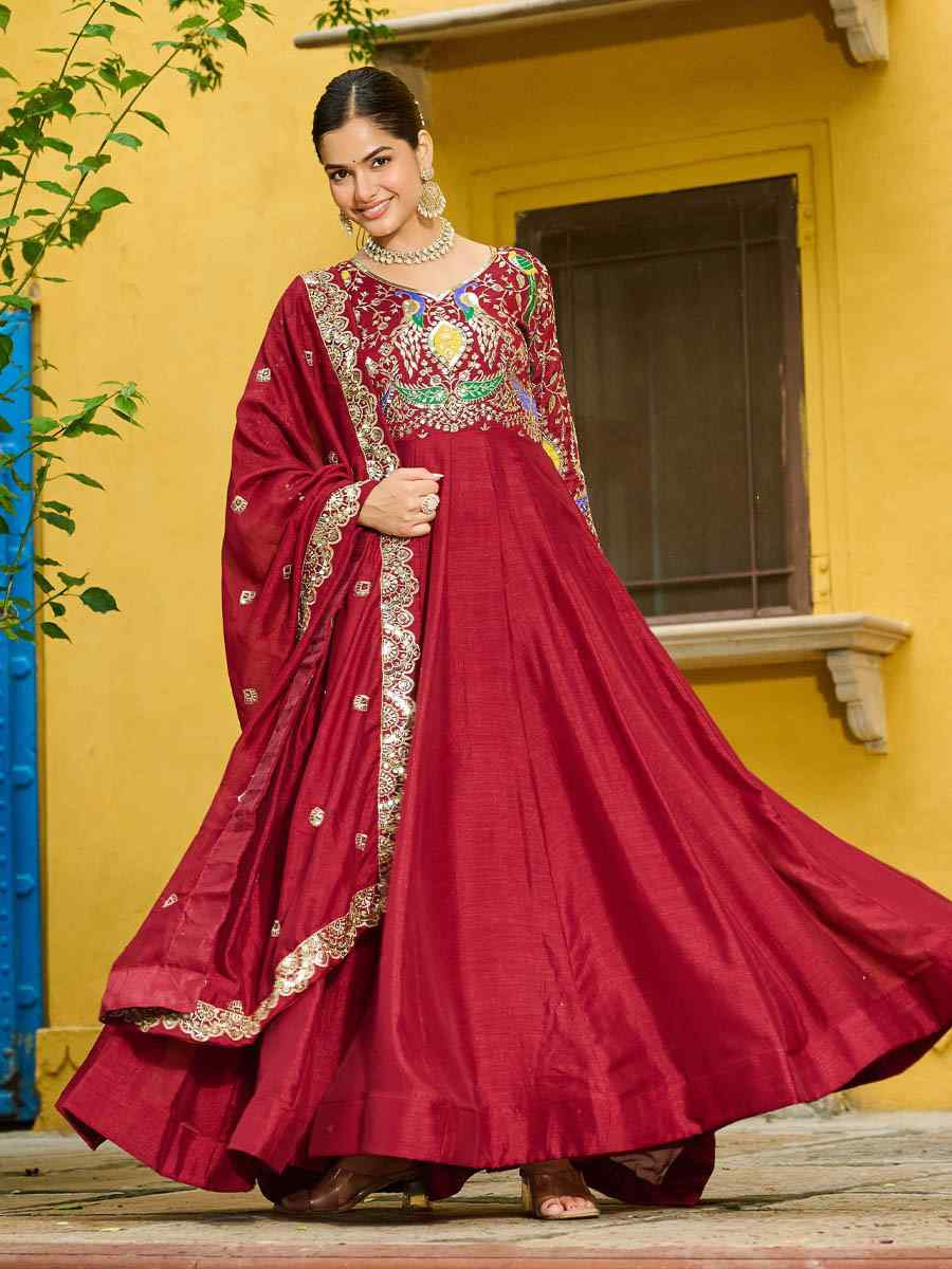 Pink Heavy Vichitra Silk Embroidered Festival Casual Wedding Gown