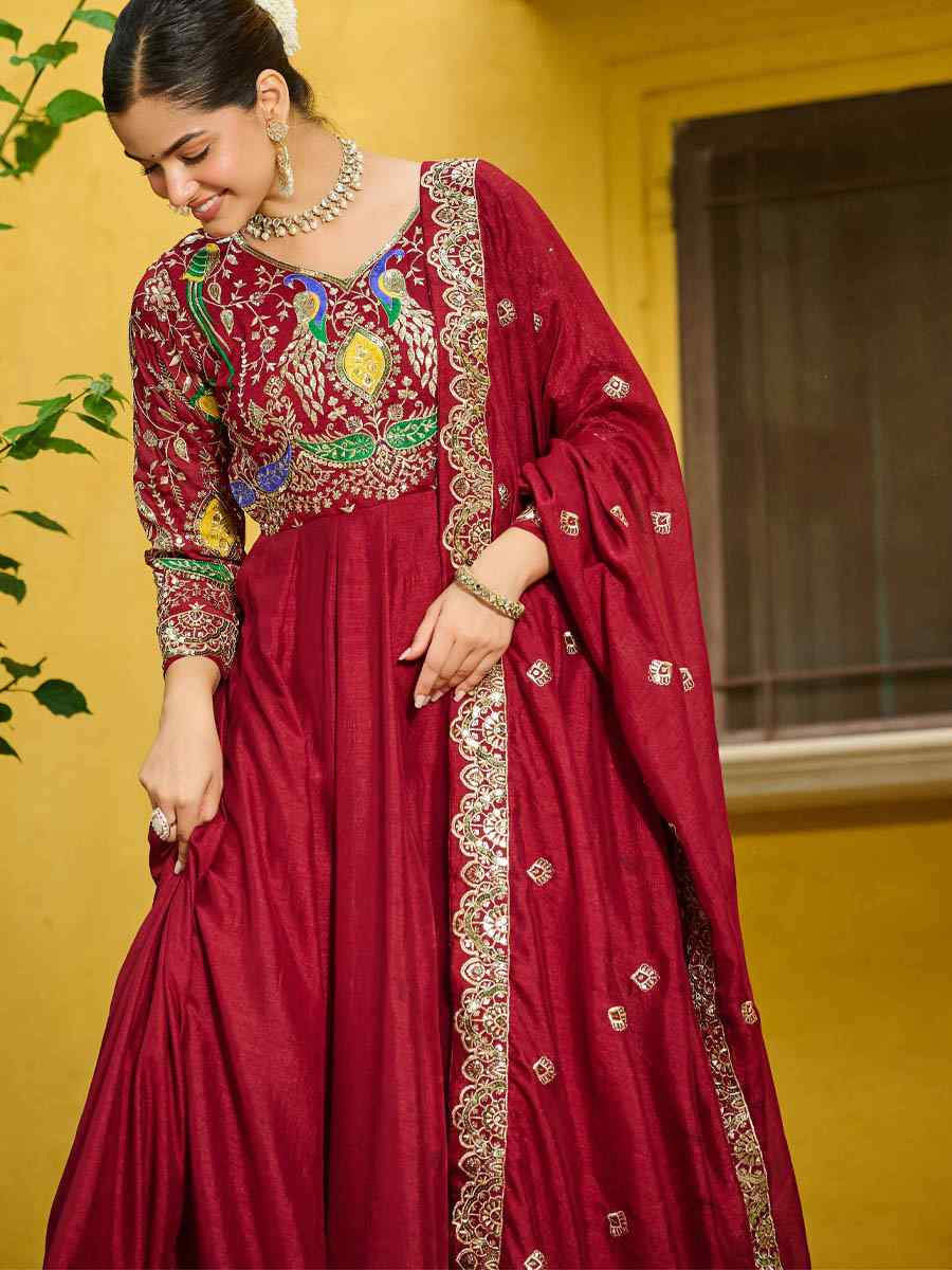 Pink Heavy Vichitra Silk Embroidered Festival Casual Wedding Gown