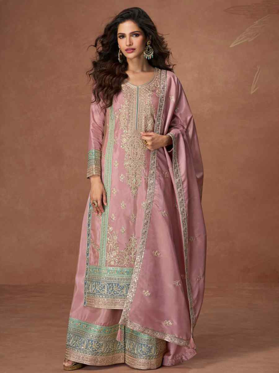 Pink Heavy Vichitra Silk Embroidered Festival Wedding Palazzo Pant Salwar Kameez