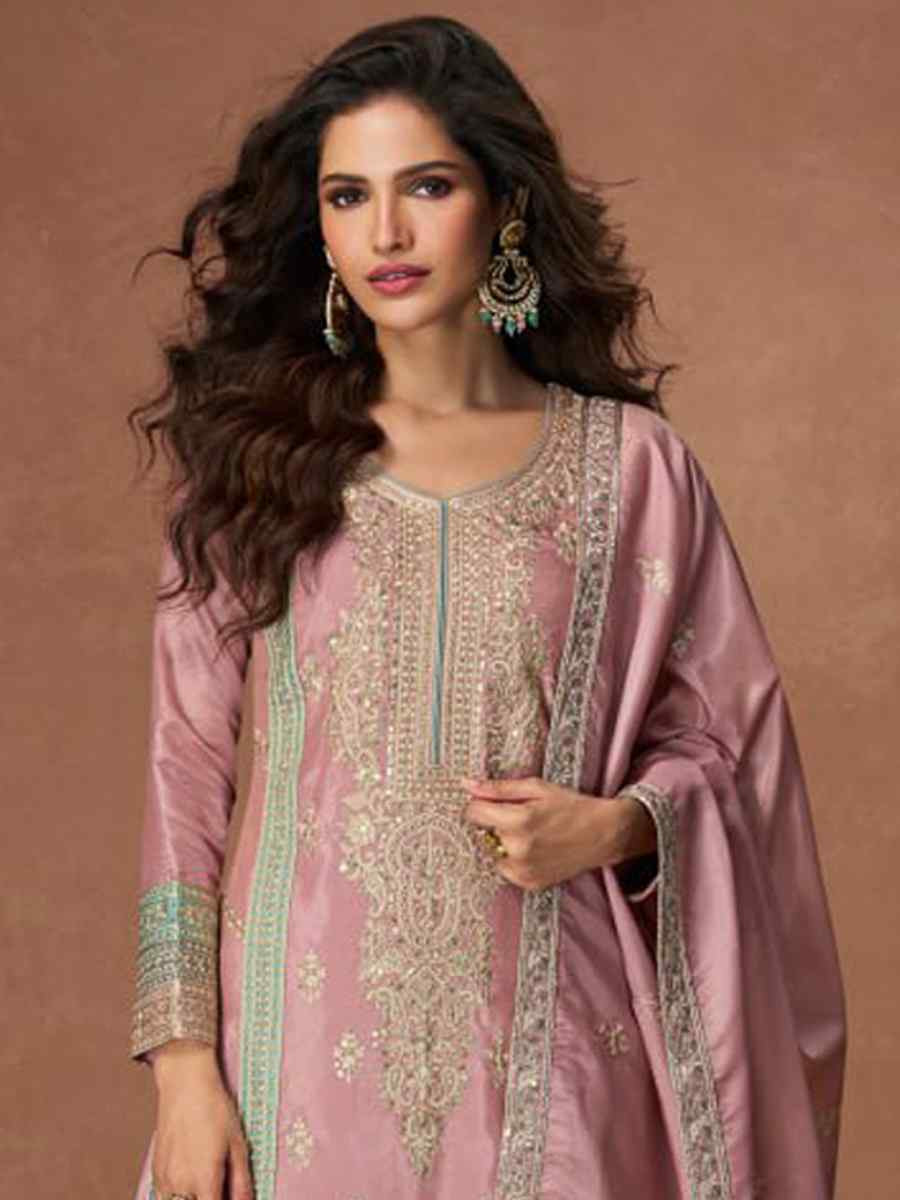 Pink Heavy Vichitra Silk Embroidered Festival Wedding Palazzo Pant Salwar Kameez
