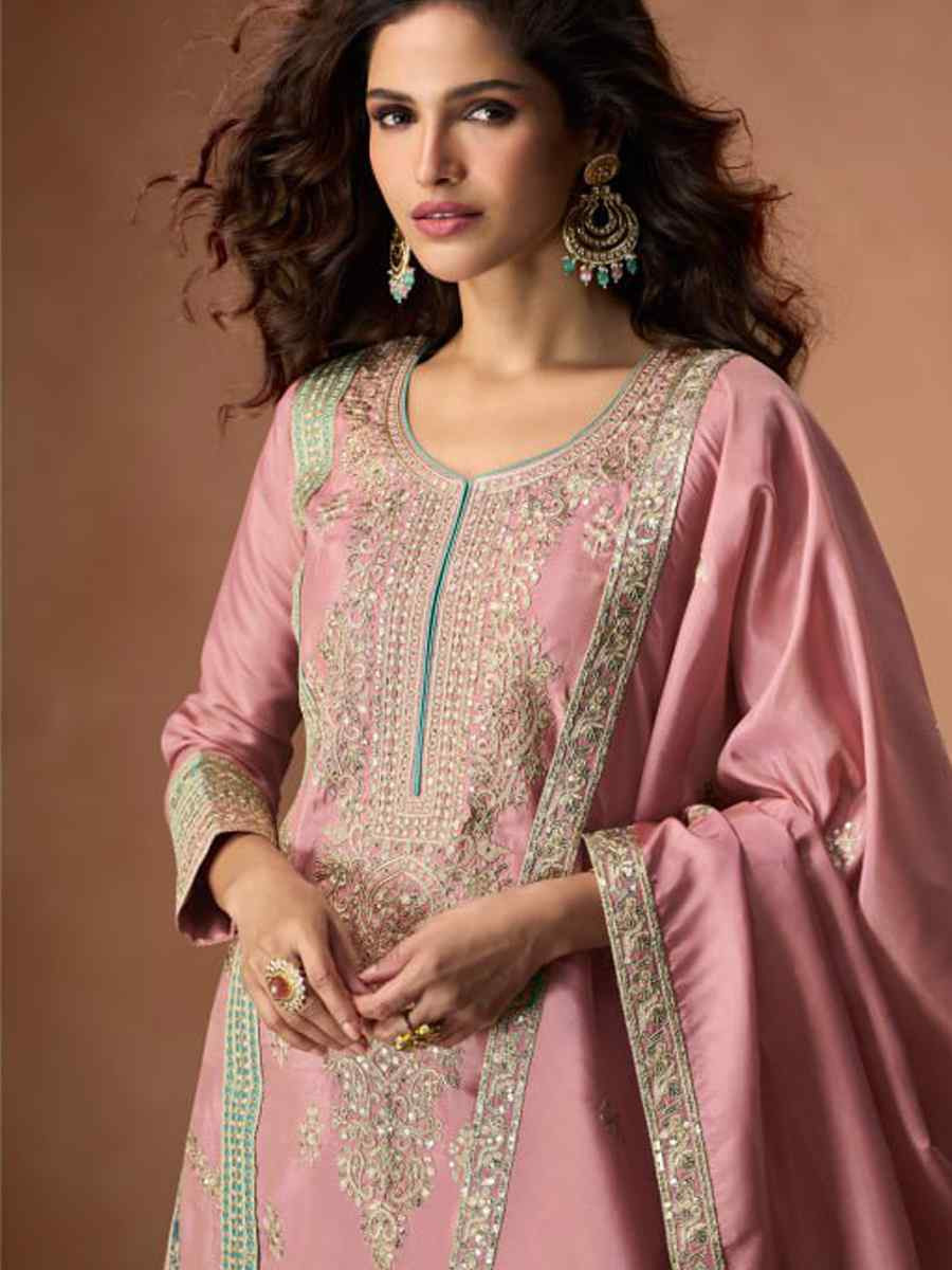 Pink Heavy Vichitra Silk Embroidered Festival Wedding Palazzo Pant Salwar Kameez