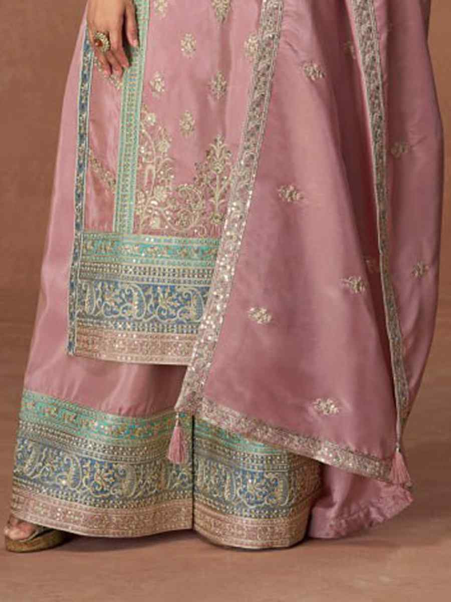 Pink Heavy Vichitra Silk Embroidered Festival Wedding Palazzo Pant Salwar Kameez