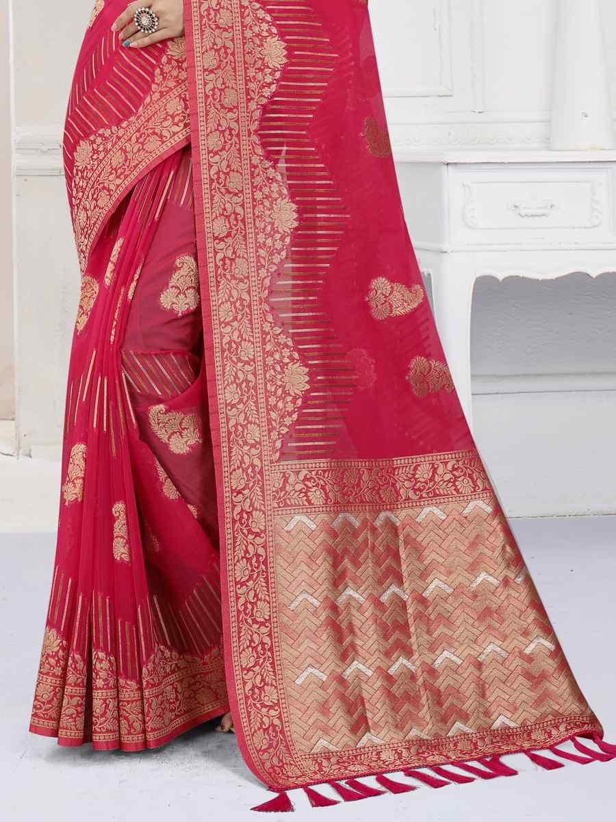 Pink Heavy Viscose Organza Handwoven Wedding Festival Heavy Border Saree