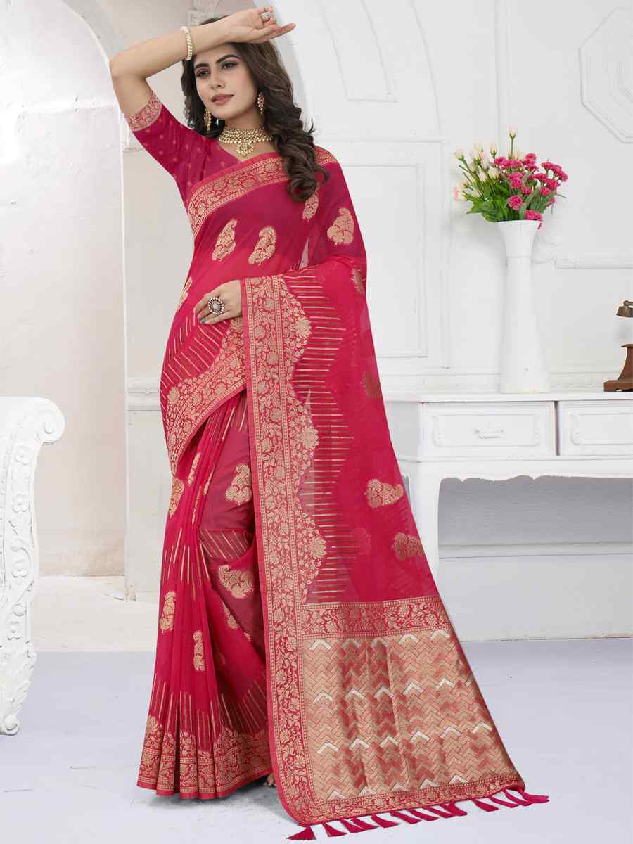 Pink Heavy Viscose Organza Handwoven Wedding Festival Heavy Border Saree