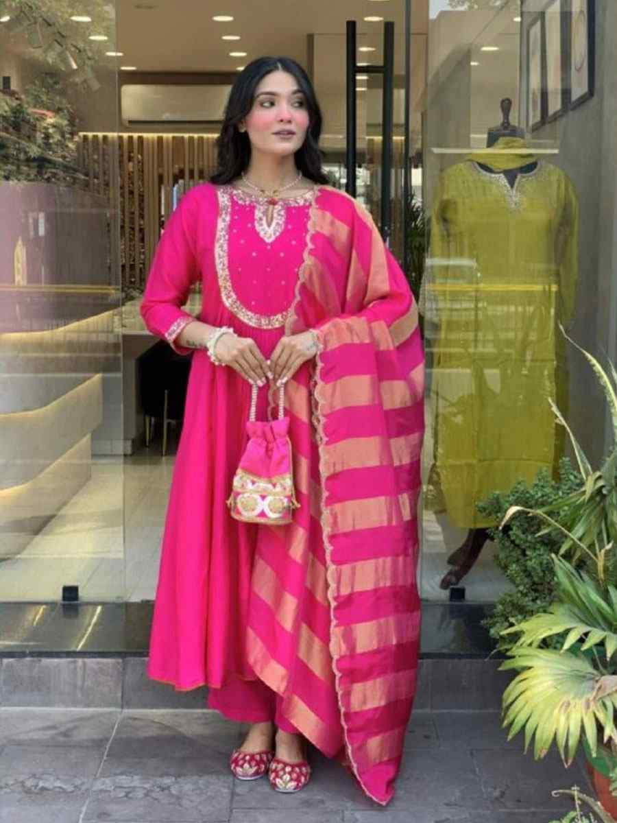 Pink Heavy Viscose Roman Silk Embroidery Party Wedding Festival Casual Ready Anarkali Salwar Kameez