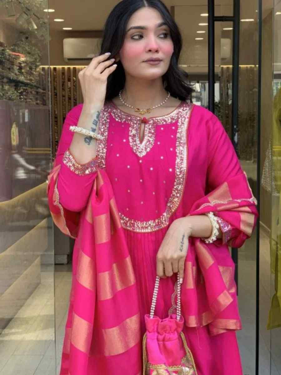 Pink Heavy Viscose Roman Silk Embroidery Party Wedding Festival Casual Ready Anarkali Salwar Kameez