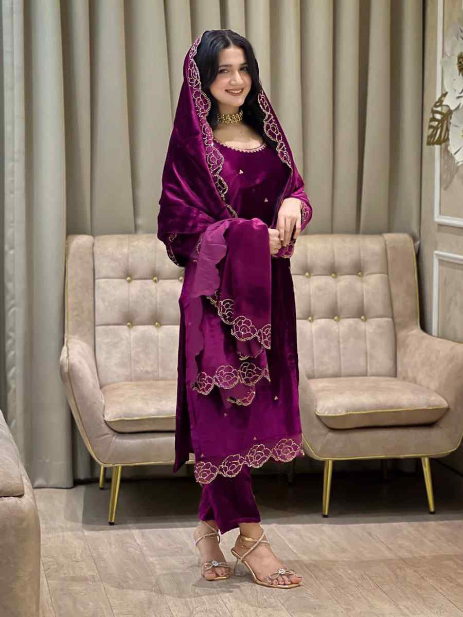 Pink Heavy Viscose Velvet Embroidery Party Wedding Festival Casual Ready Pant Salwar Kameez