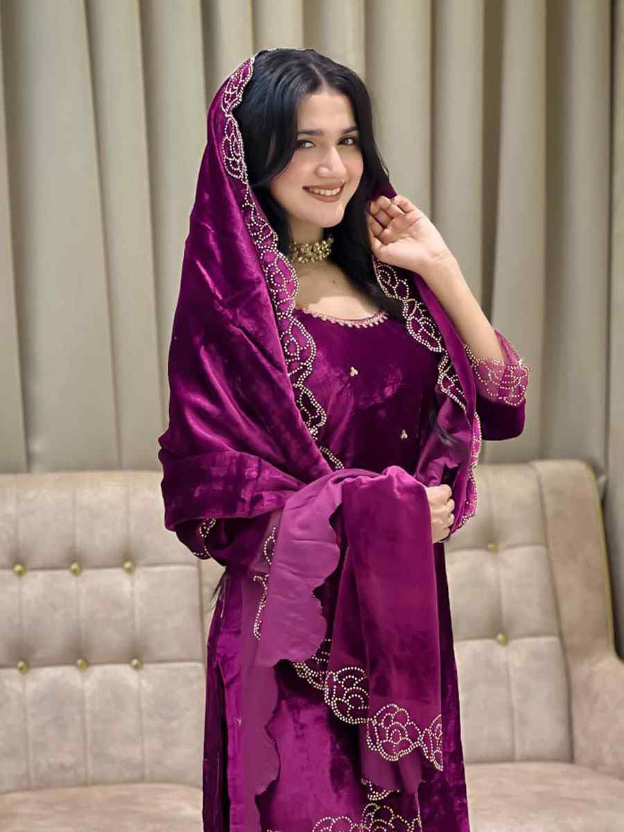 Pink Heavy Viscose Velvet Embroidery Party Wedding Festival Casual Ready Pant Salwar Kameez