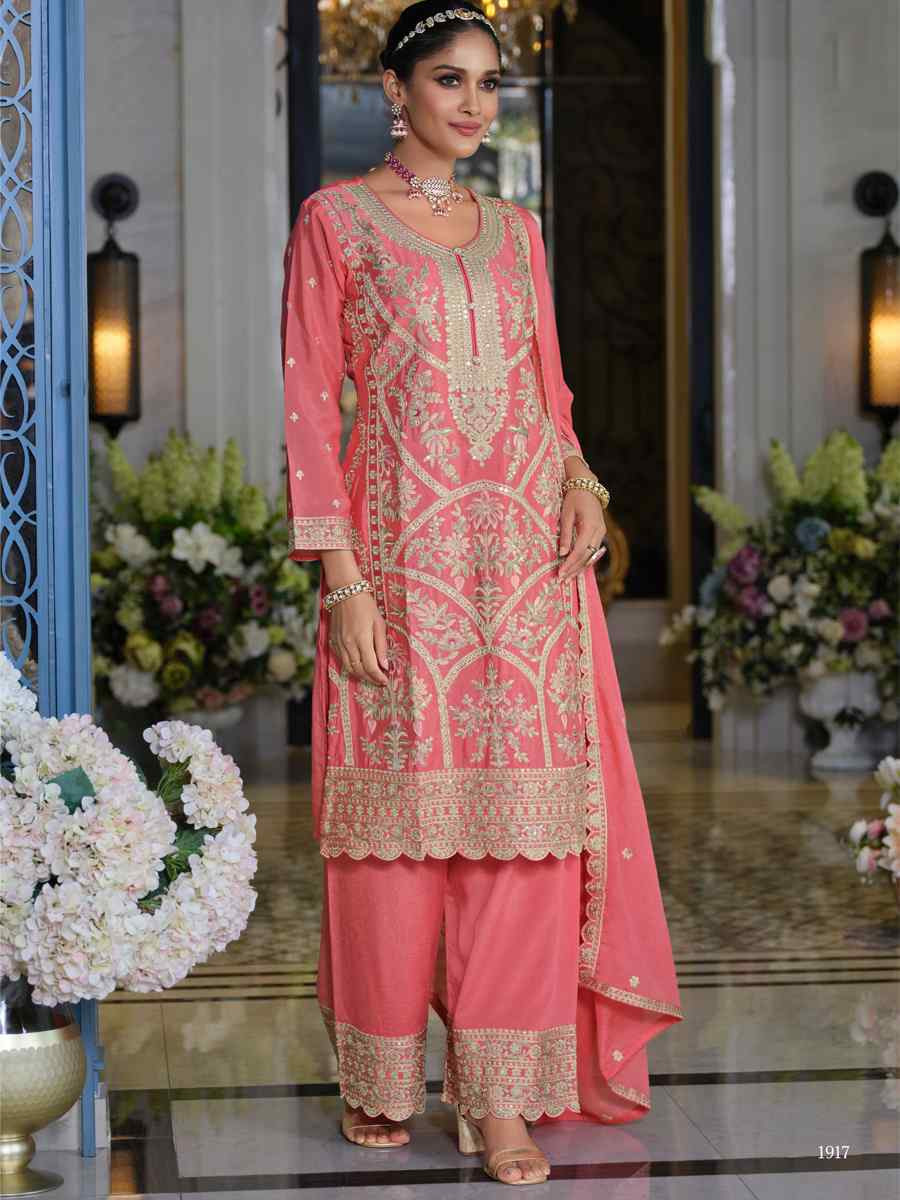 Pink Hevey Chinon Embroidered Festival Mehendi Ready Pant Salwar Kameez