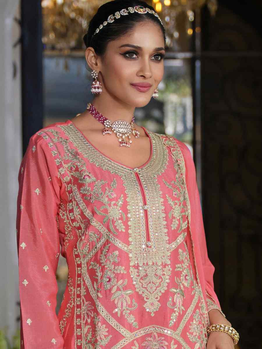 Pink Hevey Chinon Embroidered Festival Mehendi Ready Pant Salwar Kameez