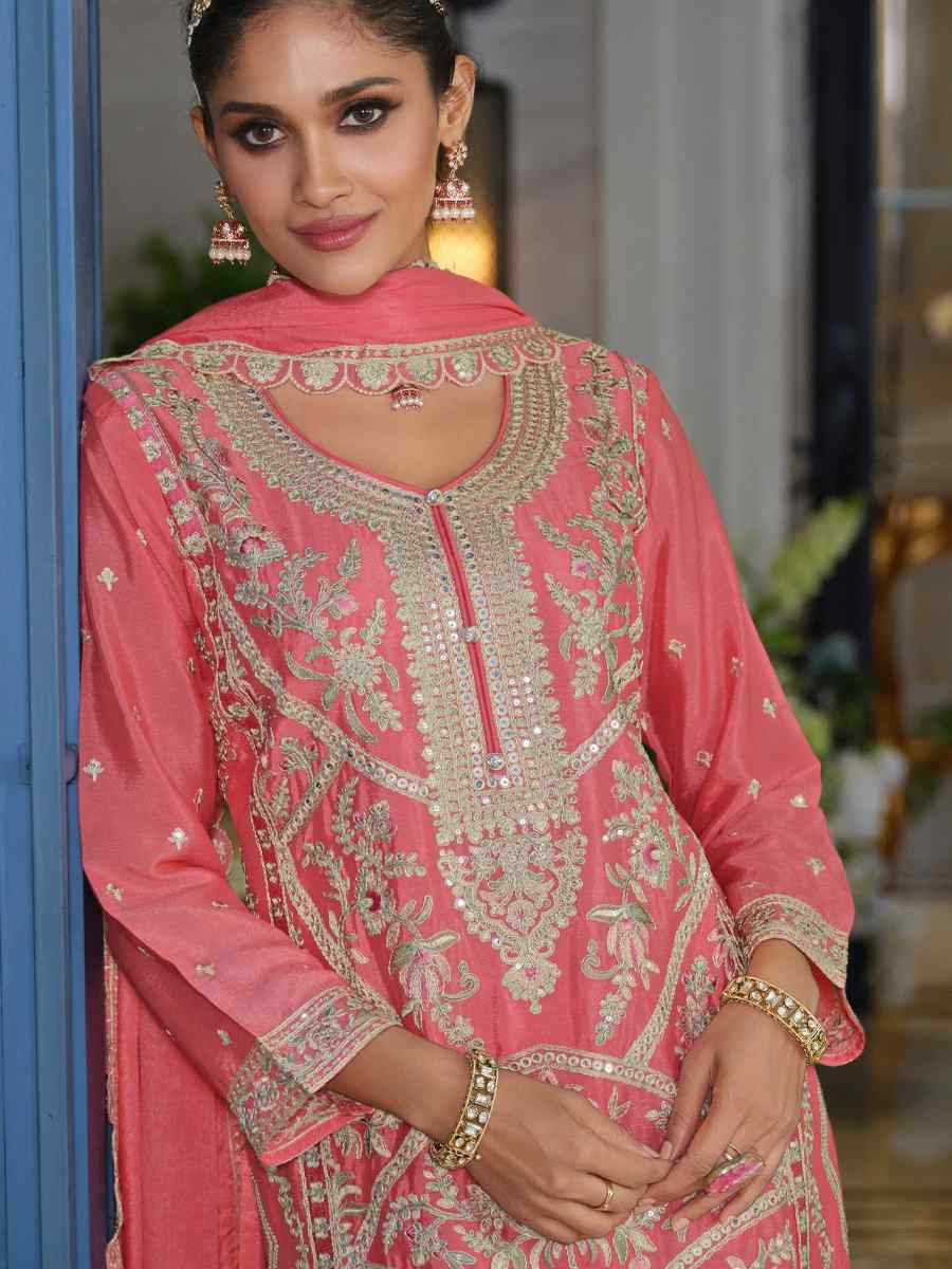 Pink Hevey Chinon Embroidered Festival Mehendi Ready Pant Salwar Kameez