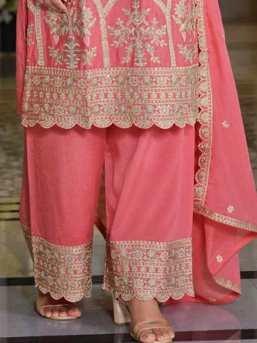 Pink Hevey Chinon Embroidered Festival Mehendi Ready Pant Salwar Kameez