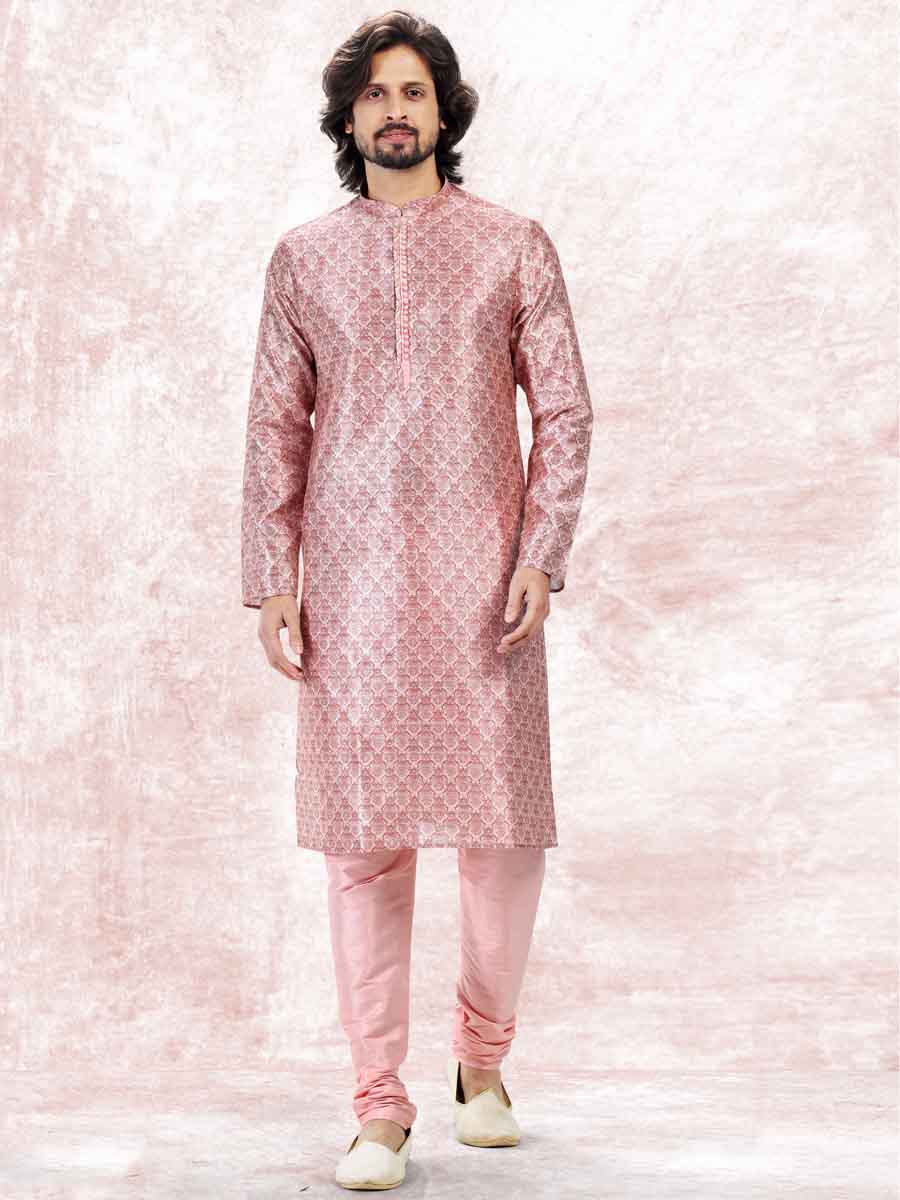 Pink Jacquard Banarasi Silk Woven Festival Wedding Kurta