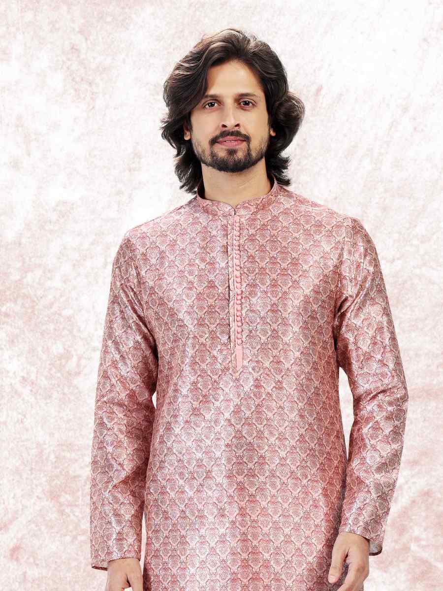 Pink Jacquard Banarasi Silk Woven Festival Wedding Kurta