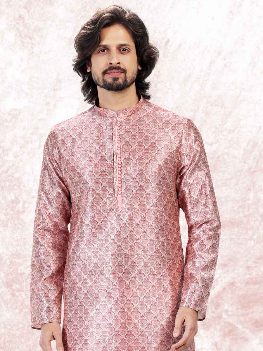 Pink Jacquard Banarasi Silk Woven Festival Wedding Kurta