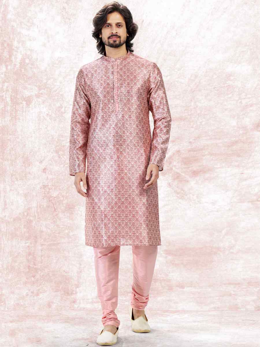 Pink Jacquard Banarasi Silk Woven Festival Wedding Kurta