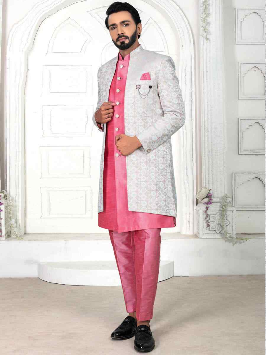 Pink Jacquard Embroidered Wedding Groom Sherwani