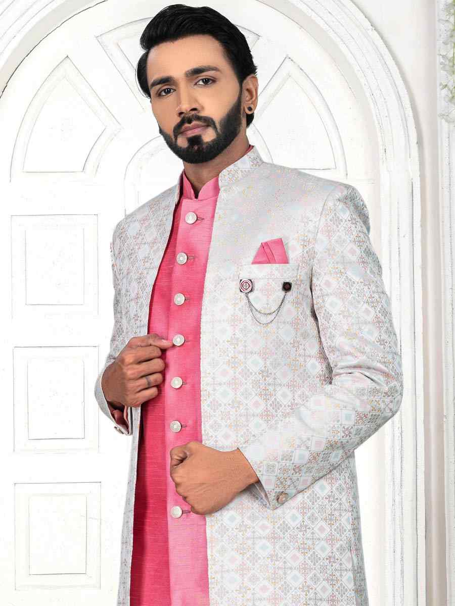 Pink Jacquard Embroidered Wedding Groom Sherwani