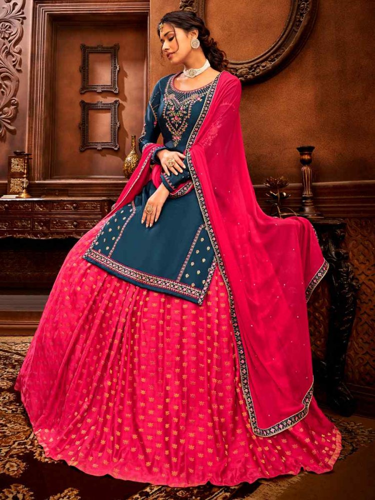 Pink Jacquard Embroidered Wedding Mehendi Kurti Lehenga Choli