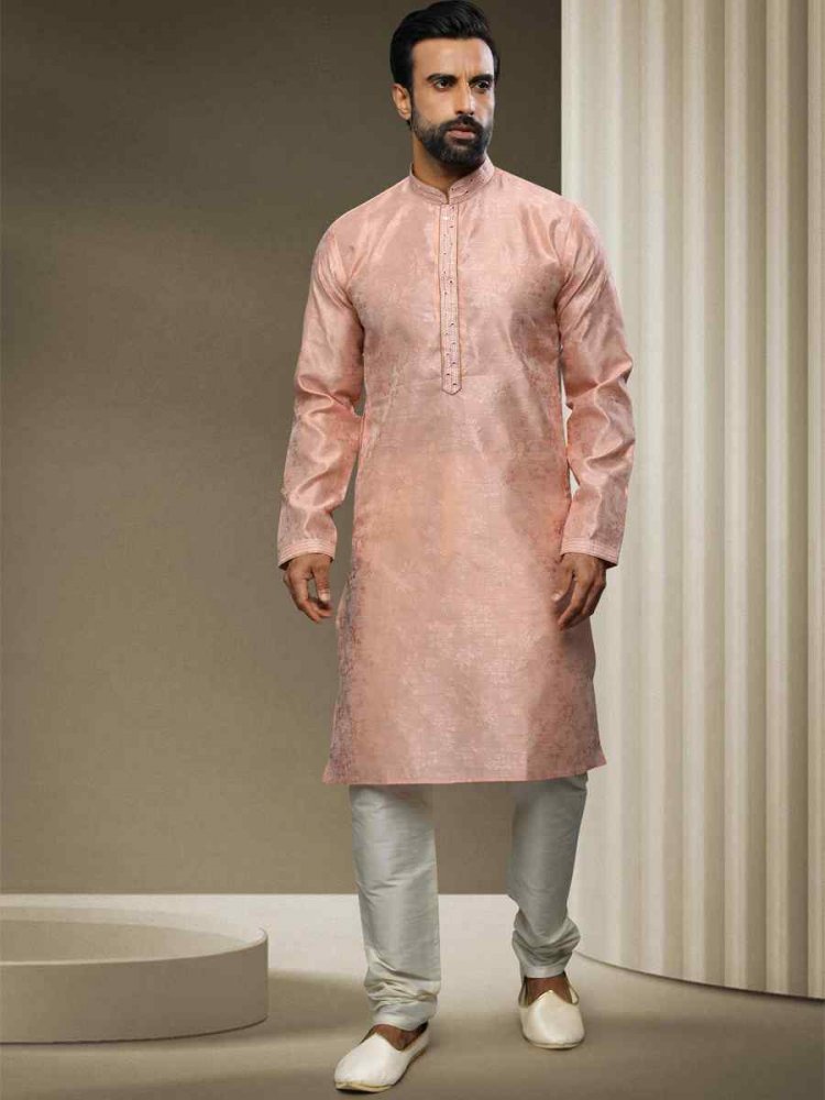 Pink Jacquard Silk Brocade Woven Party Kurta