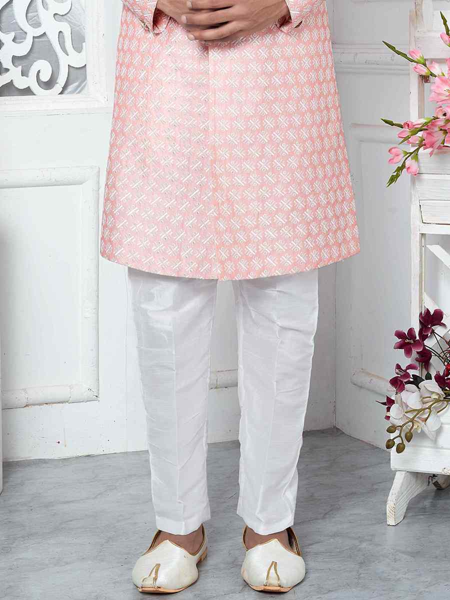 Pink Jacquard Silk Embroidered Groom Wedding Sherwani