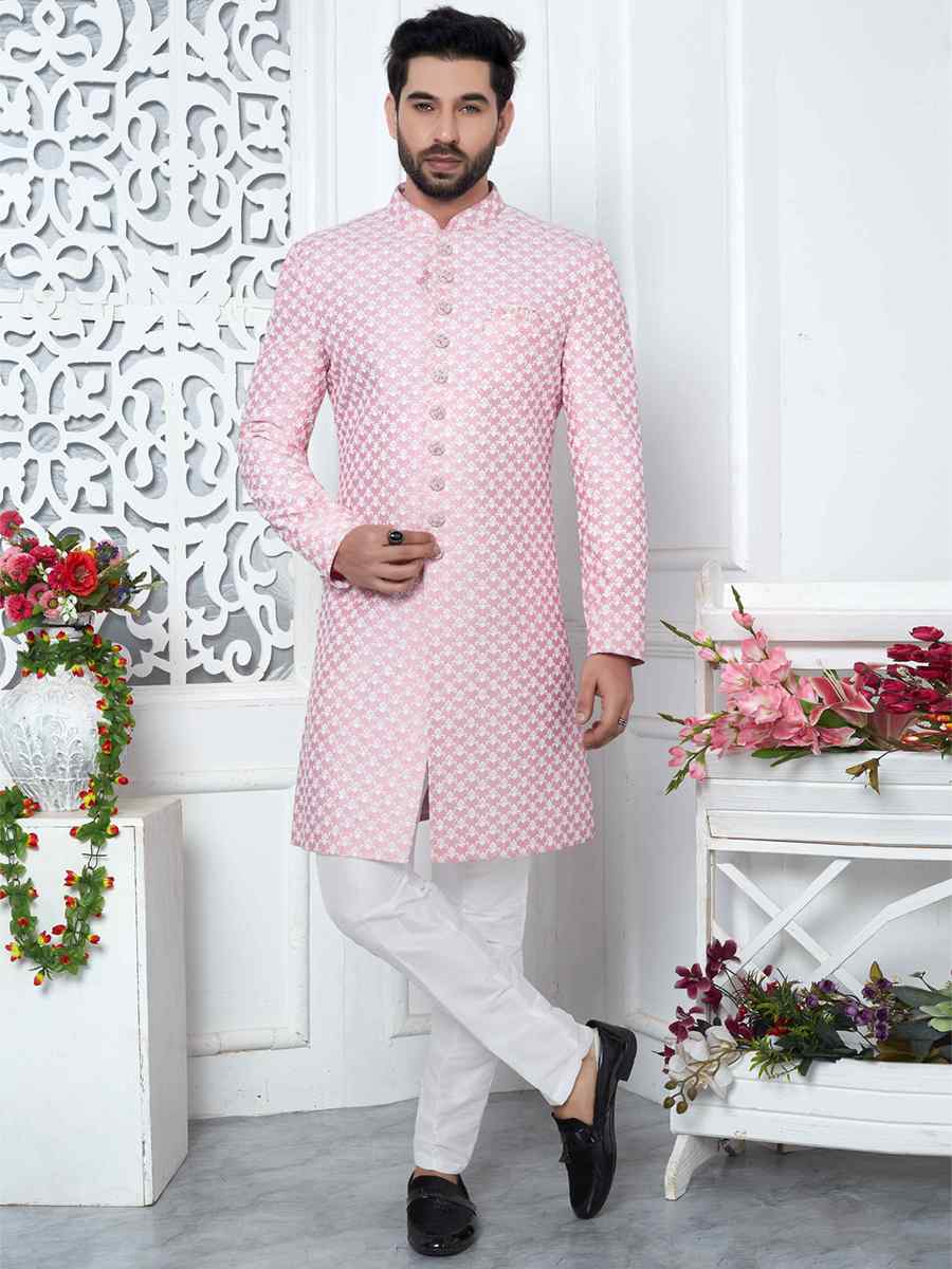 Pink Jacquard Silk Embroidered Groom Wedding Sherwani