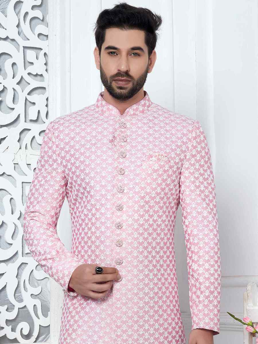 Pink Jacquard Silk Embroidered Groom Wedding Sherwani