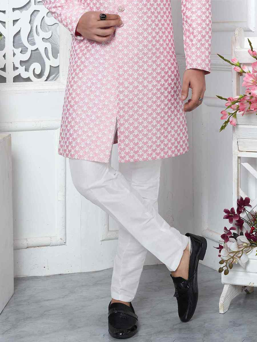 Pink Jacquard Silk Embroidered Groom Wedding Sherwani