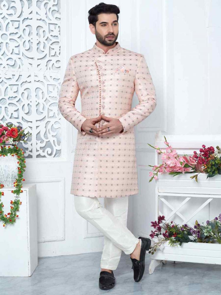 Pink Jacquard Silk Embroidered Groom Wedding Sherwani