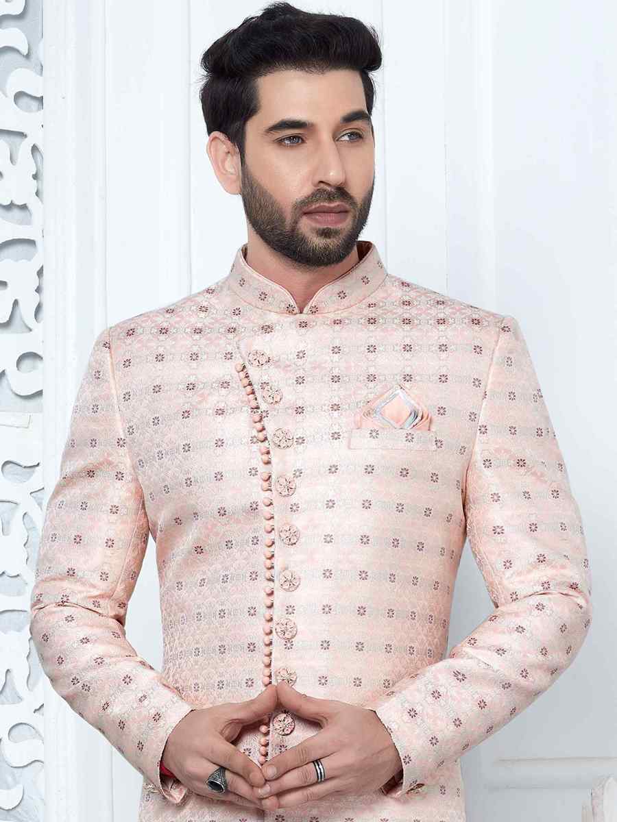 Pink Jacquard Silk Embroidered Groom Wedding Sherwani