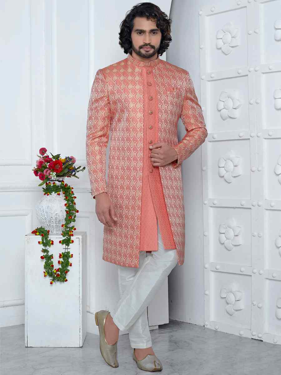 Pink Jacquard Silk Embroidered Groom Wedding Sherwani