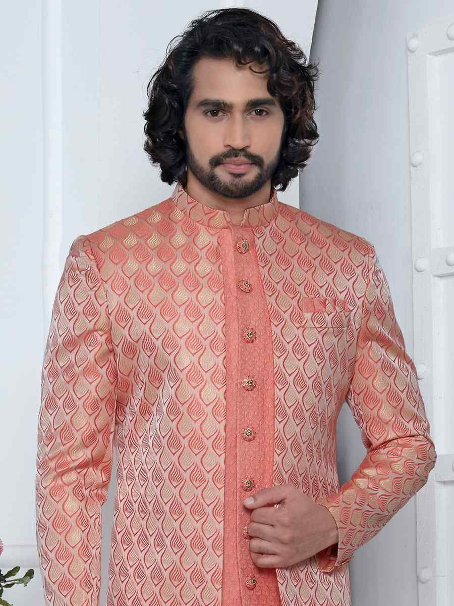 Pink Jacquard Silk Embroidered Groom Wedding Sherwani