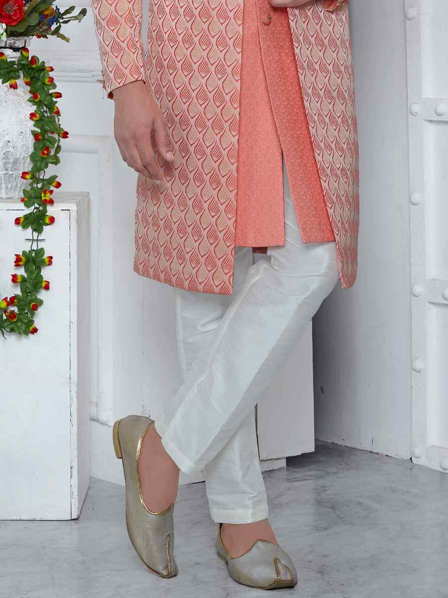 Pink Jacquard Silk Embroidered Groom Wedding Sherwani