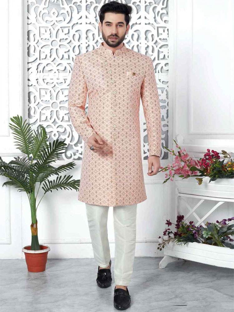 Pink Jacquard Silk Embroidered Groom Wedding Sherwani