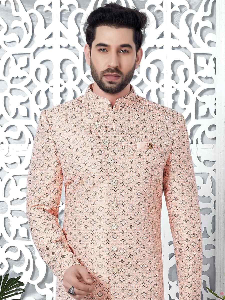 Pink Jacquard Silk Embroidered Groom Wedding Sherwani