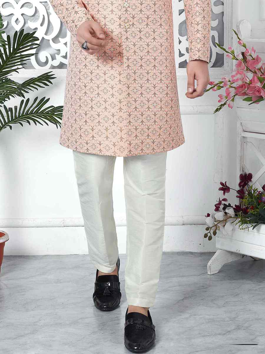 Pink Jacquard Silk Embroidered Groom Wedding Sherwani