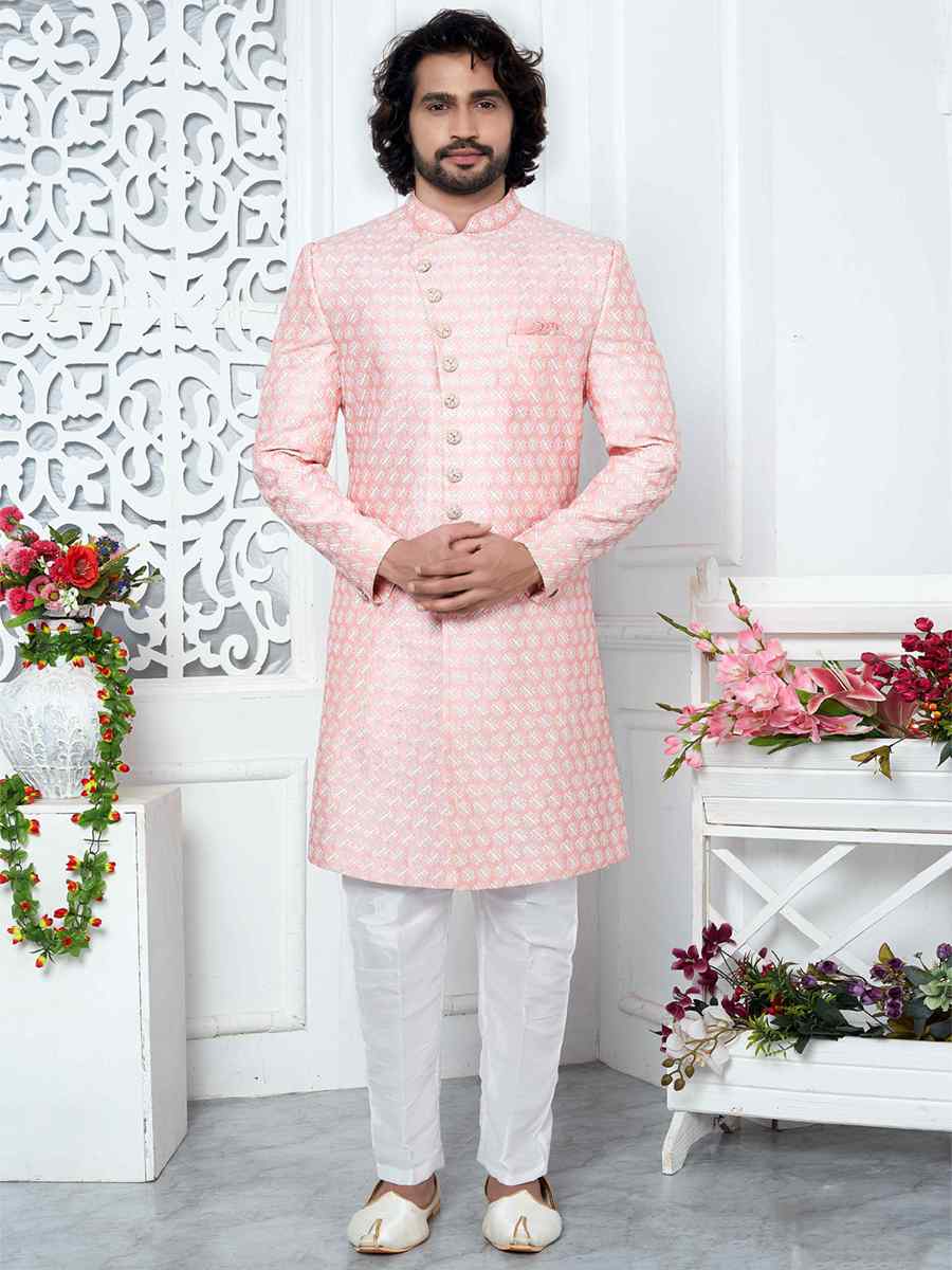 Pink Jacquard Silk Embroidered Groom Wedding Sherwani