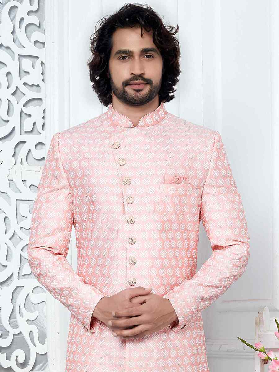 Pink Jacquard Silk Embroidered Groom Wedding Sherwani