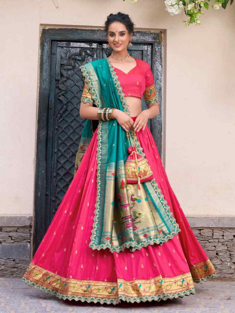 Pink Jacquard Silk Printed And Handwoven Party Reception Wedding Lehenga Choli